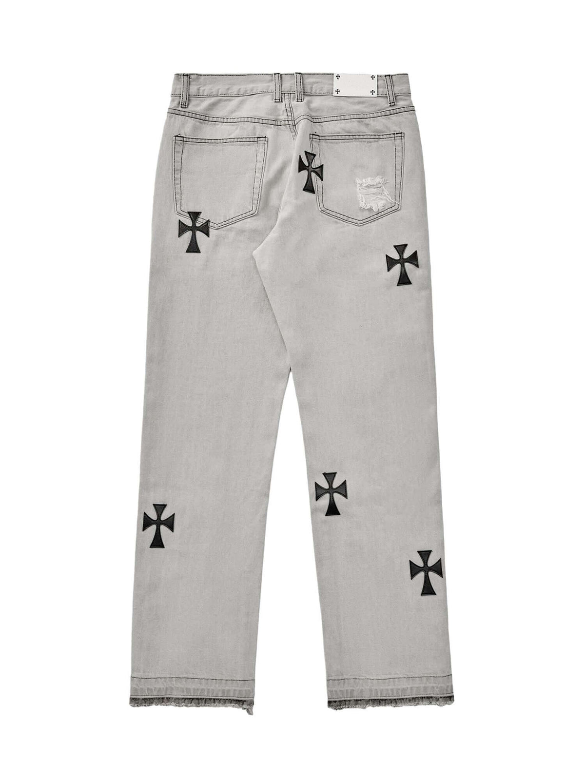 Grey Straight Leg Jeans with Cross Patches – Light Grey, back view | XoKool