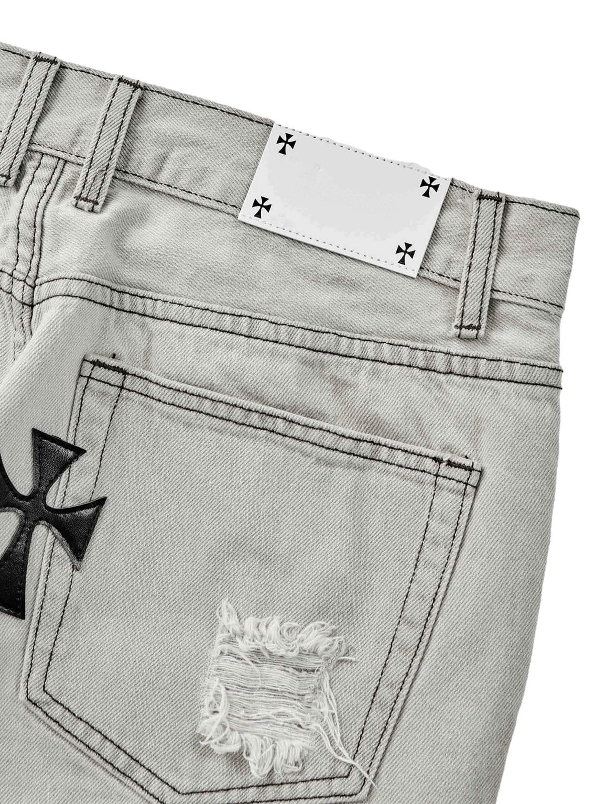 Grey Straight Leg Jeans with Cross Patches – Light Grey, back pocket close-up | XoKool