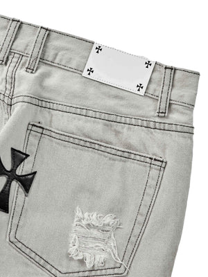 Grey Straight Leg Jeans with Cross Patches – Light Grey, back pocket close-up | XoKool