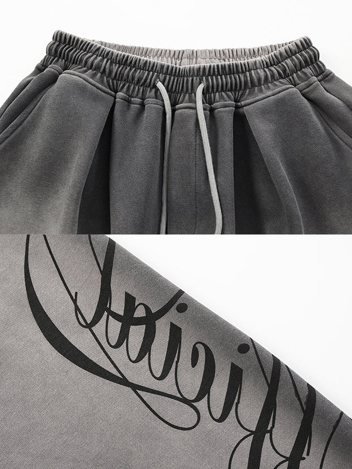 Graue Wide Leg Jogginghose mit Schriftzug-Print – Nahaufnahme von Bund und Schriftzug-Print | XoKool