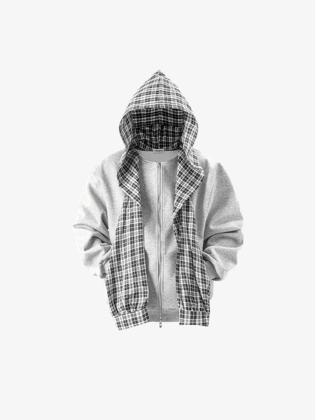 Graues Zip Hoodie und Jogginghose Set mit Karo-Kapuze – Hoodie offen, von vorne | XoKool