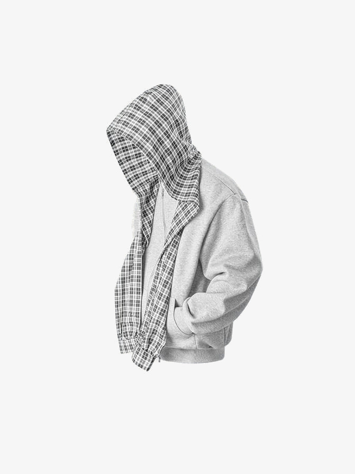 Graues Zip Hoodie und Jogginghose Set mit Karo-Kapuze – Hoodie, seitlich | XoKool