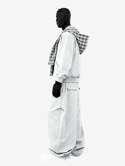 Conjunto de sudadera con cremallera y joggers gris con capucha de cuadros