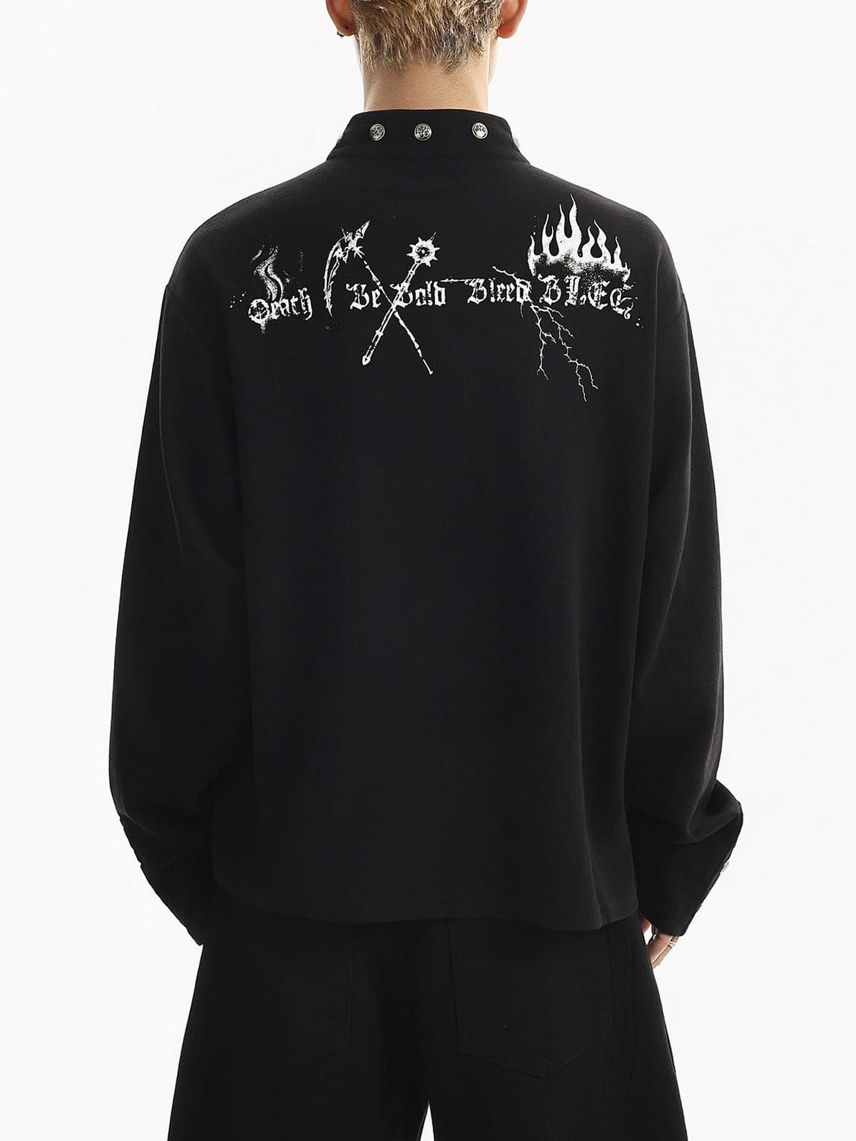 Grim Reaper Graphic Long Sleeve Shirt with Snap Collar – Black on model, back | XoKool
