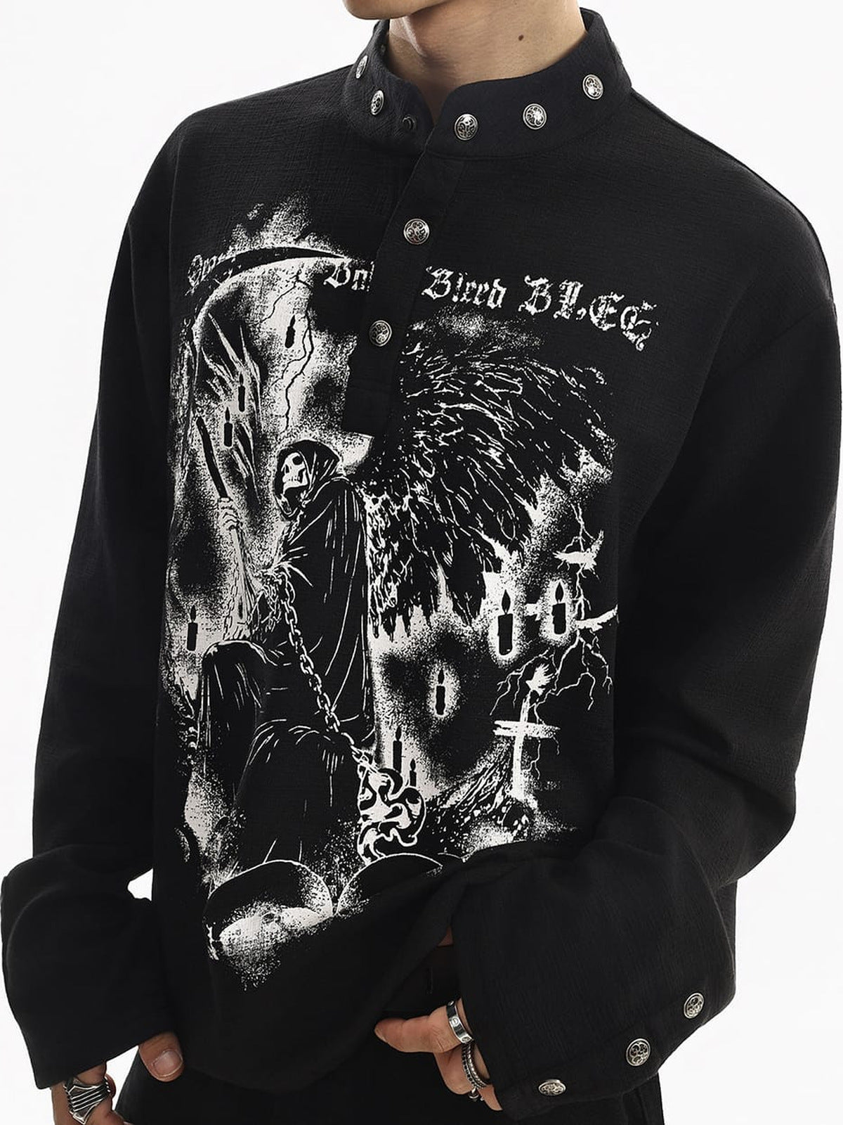 Grim reaper long sleeve – Black on model, close front | XoKool