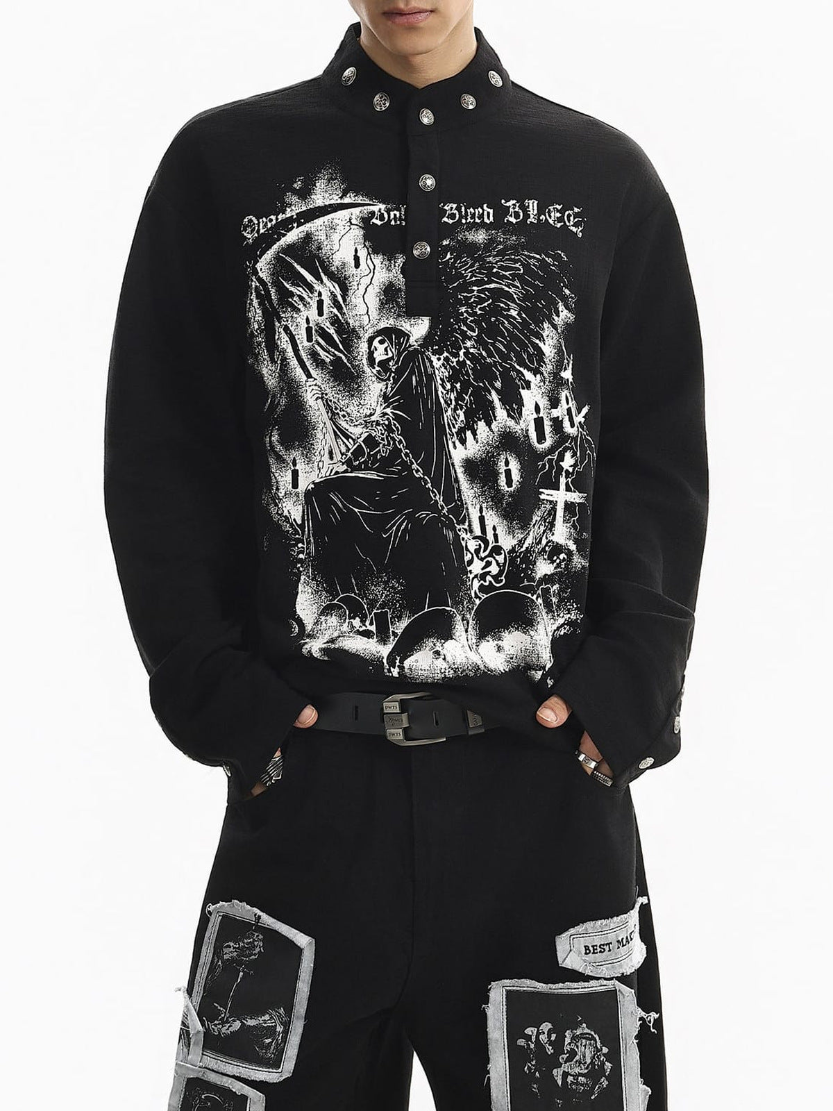 Grim Reaper Graphic Long Sleeve Shirt with Snap Collar – Black on model, front | XoKool