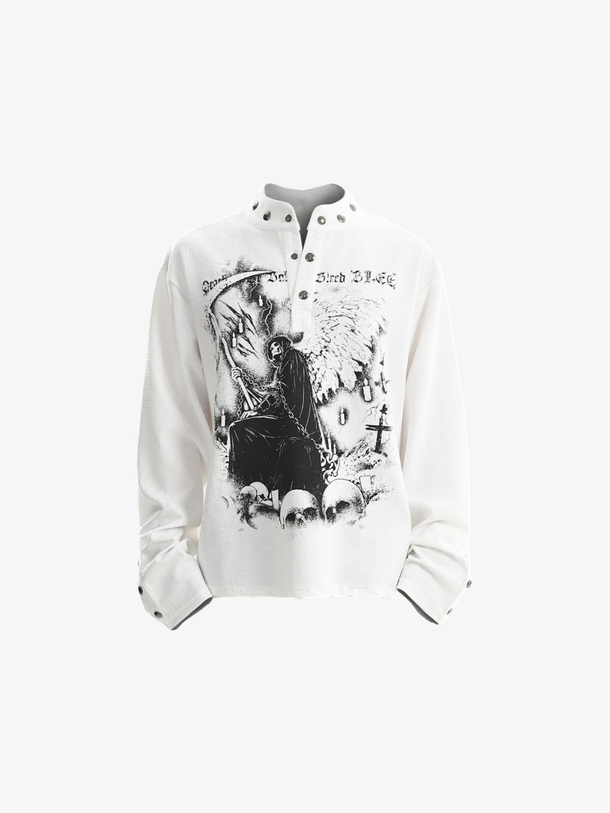 Grim Reaper Graphic Long Sleeve Shirt with Snap Collar – White, front flat | XoKool