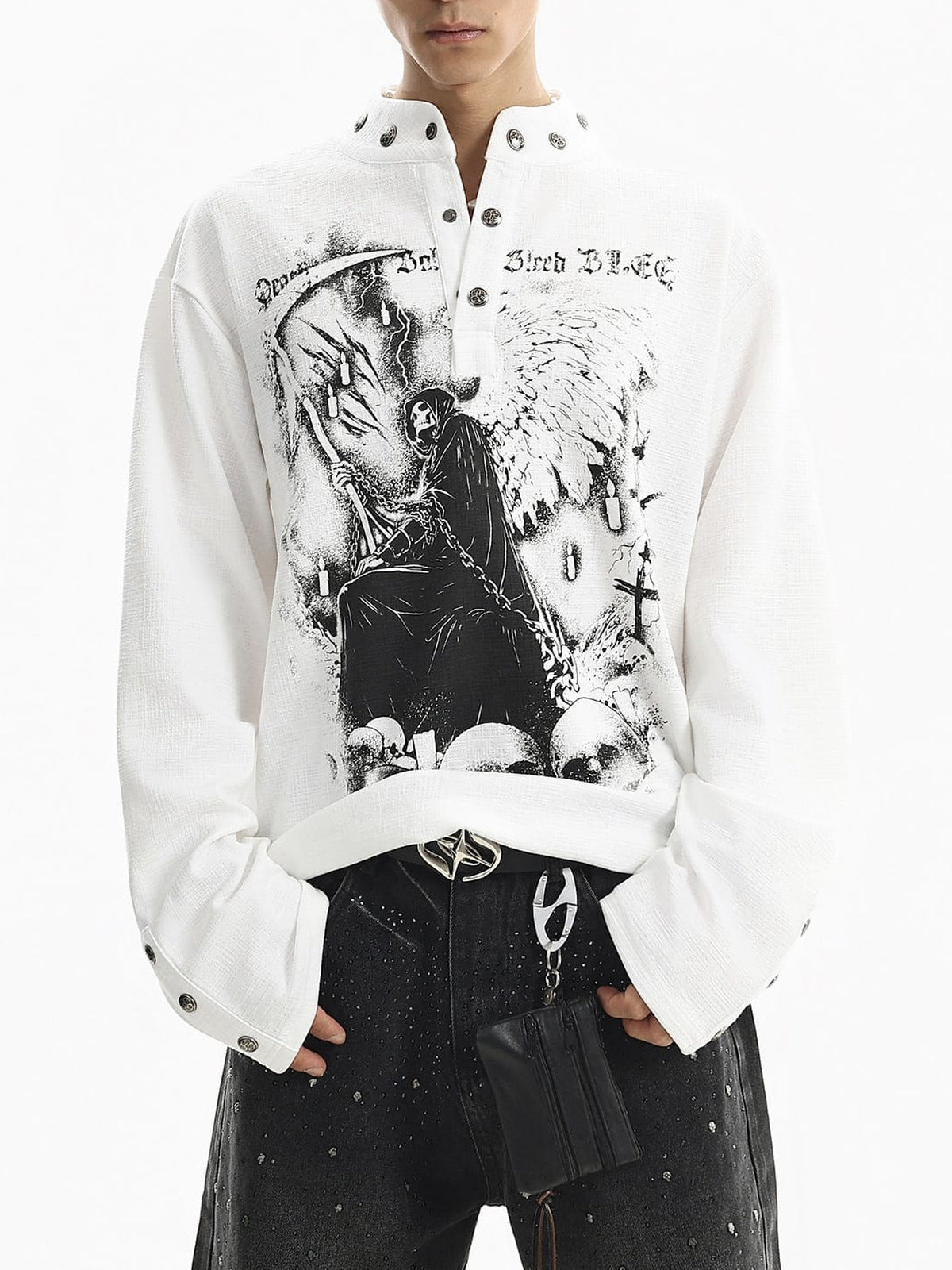 Grim Reaper Graphic Long Sleeve Shirt with Snap Collar – White on model, front | XoKool
