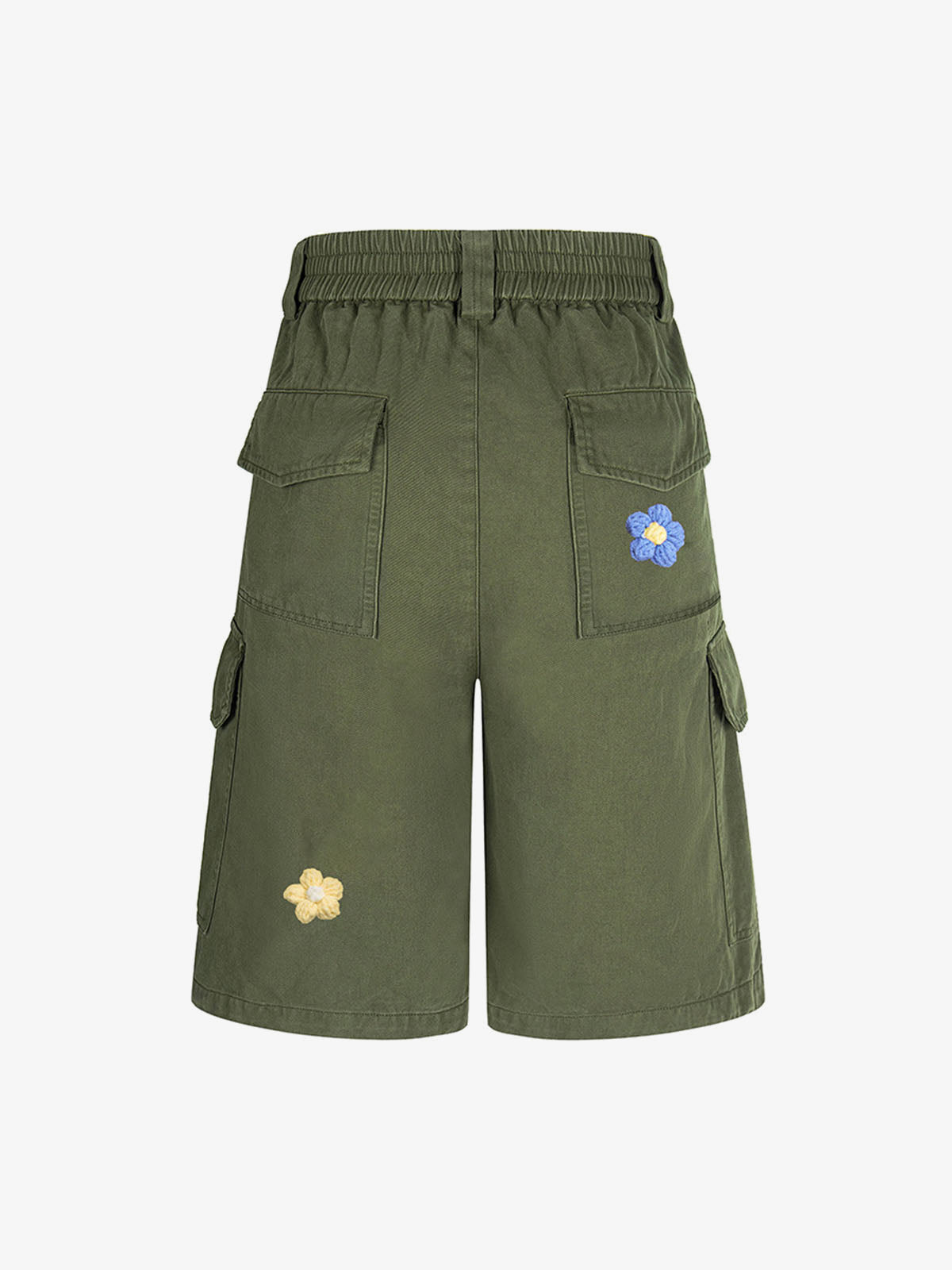 Cargo Shorts with Crochet Flower Appliques – Olive, back flat | XoKool