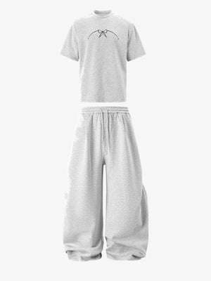 Melange Graue Stacked Jogginghose mit Falten – T-Shirt und Hose als Set flach | XoKool