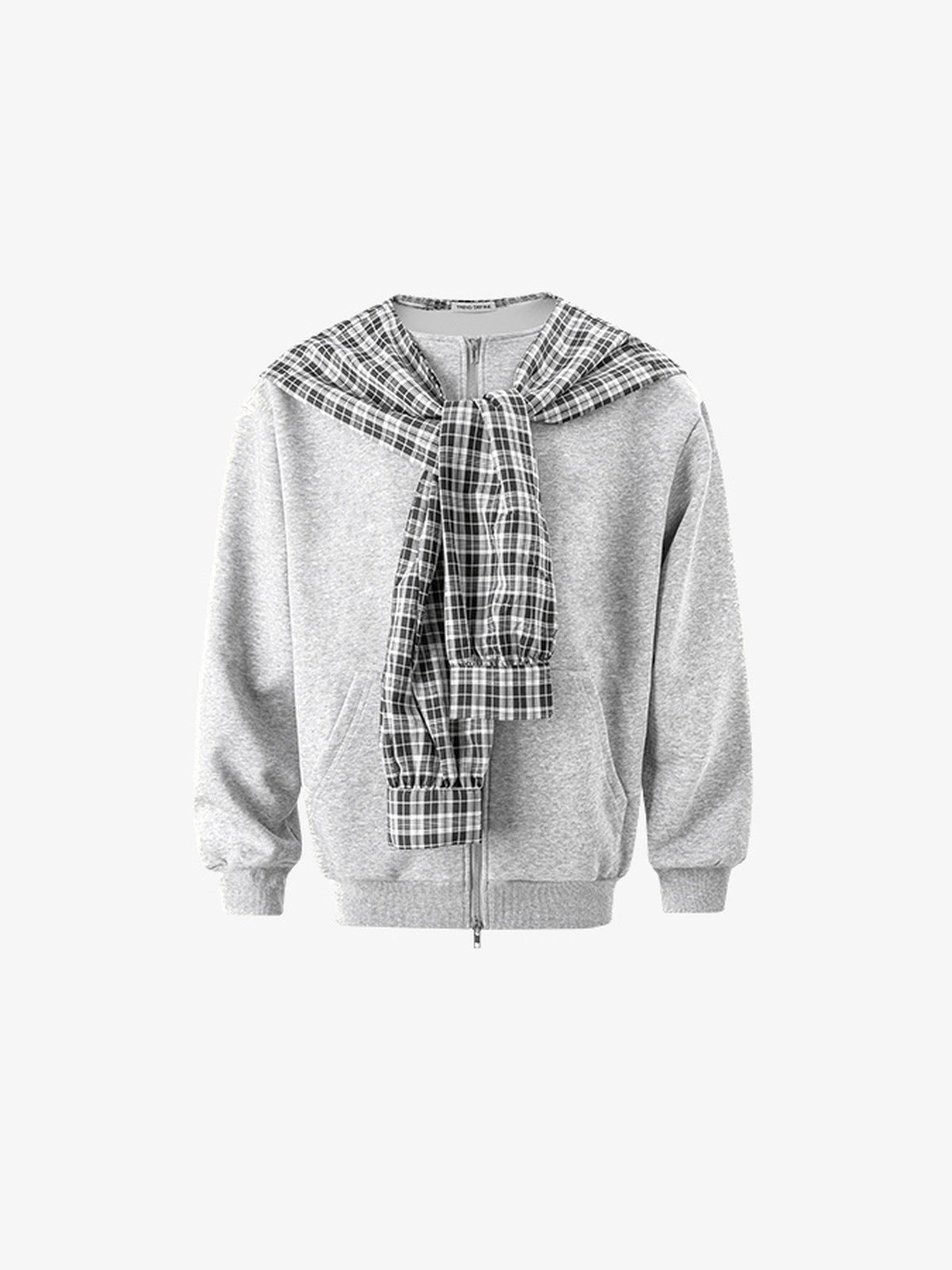 Hoodie bufanda gris jaspeado con capucha de cuadros – gris, cuadros anudados como bufanda, frente | XoKool
