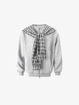 Hoodie bufanda gris jaspeado con capucha de cuadros – gris, cuadros anudados como bufanda, frente | XoKool