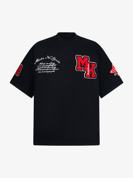 Varsity Chenille Patch Oversized T-Shirt – Black, front view | XoKool