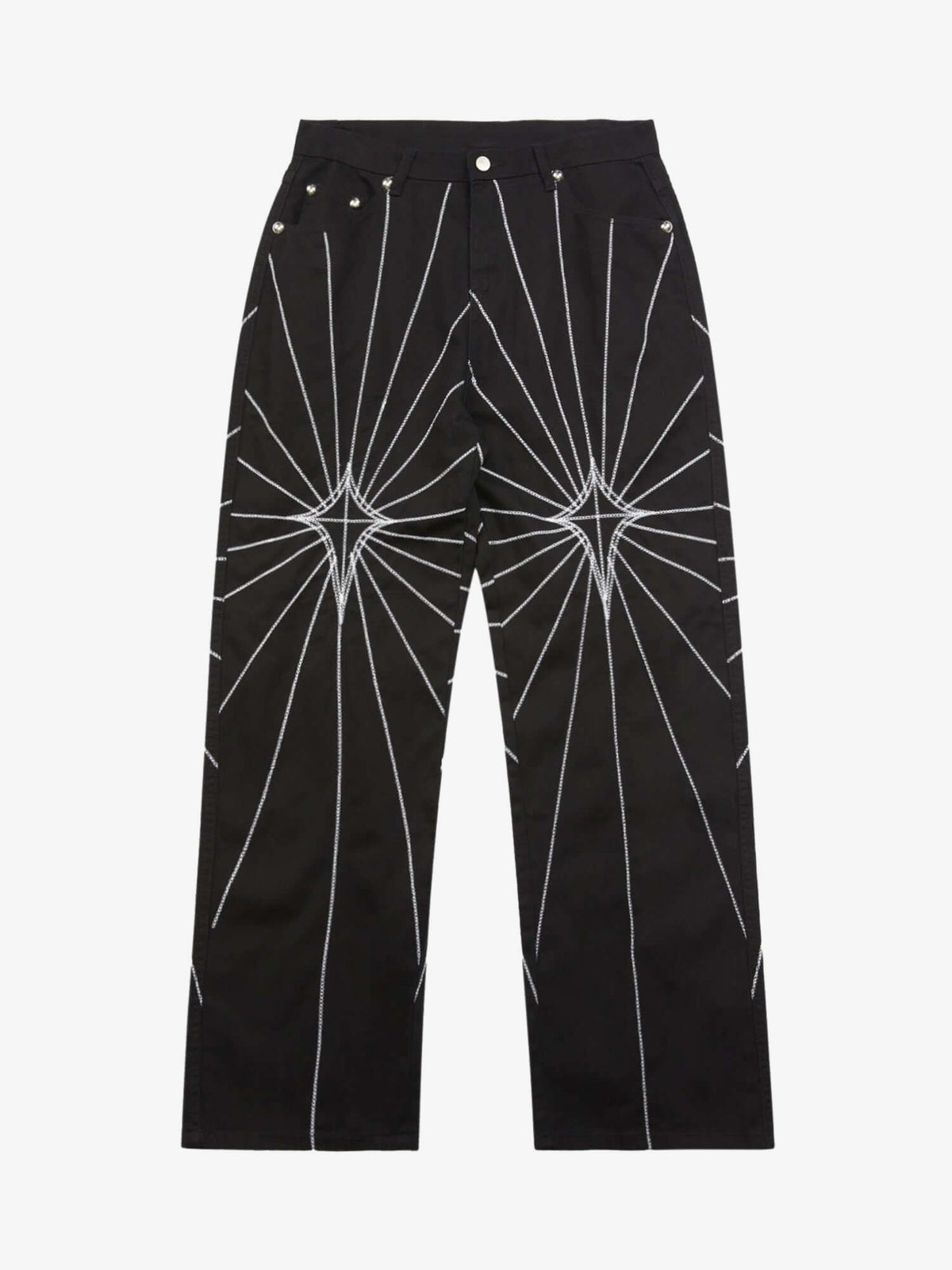 Black Stitched Jeans with Star Embroidery – Black, front flat | XoKool