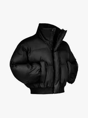 High Neck Short Puffer Jacket – Black, angled front view | XoKool