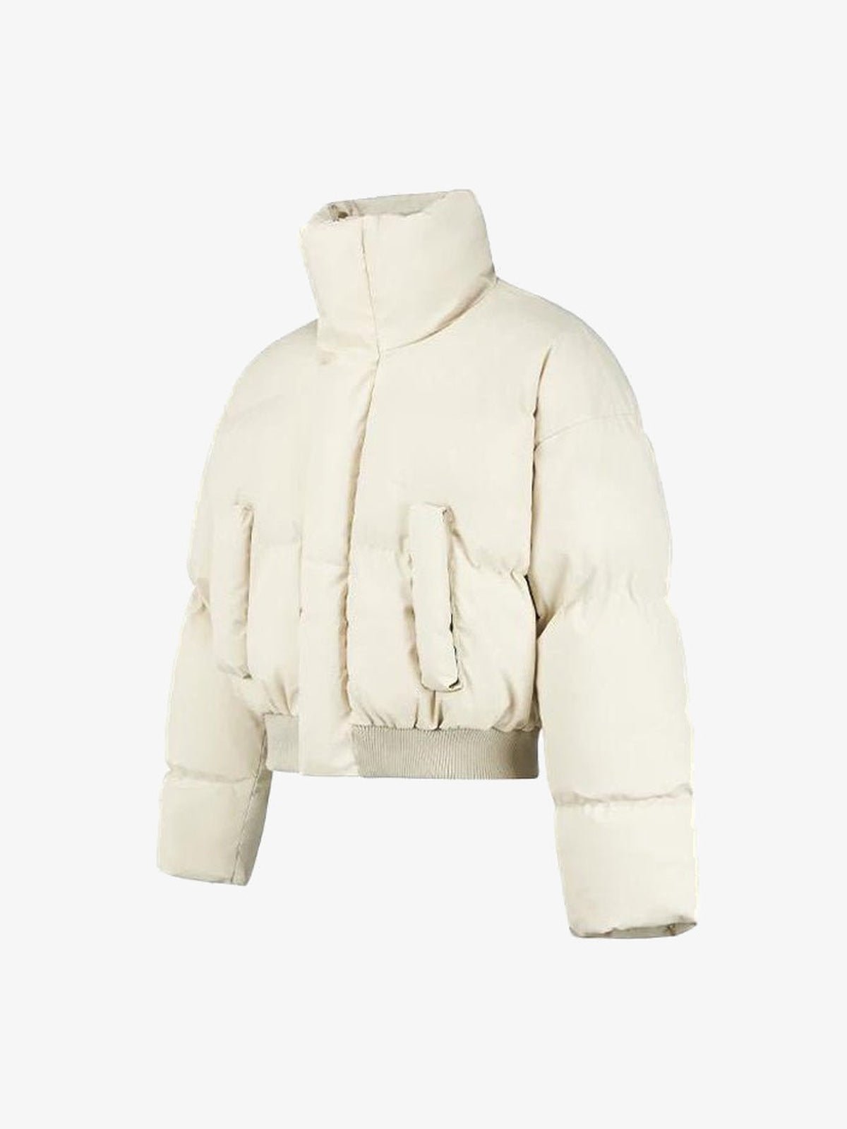 High Neck Short Puffer Jacket – Cream, angled front view | XoKool