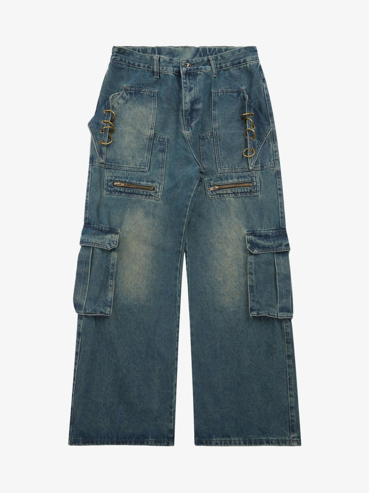 Wide Leg Cargo Jeans with Metal Ring Details – Blue, front flat | XoKool