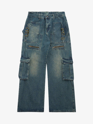 Wide Leg Cargo Jeans mit Metallring-Details – Blau, Vorderseite flach | XoKool