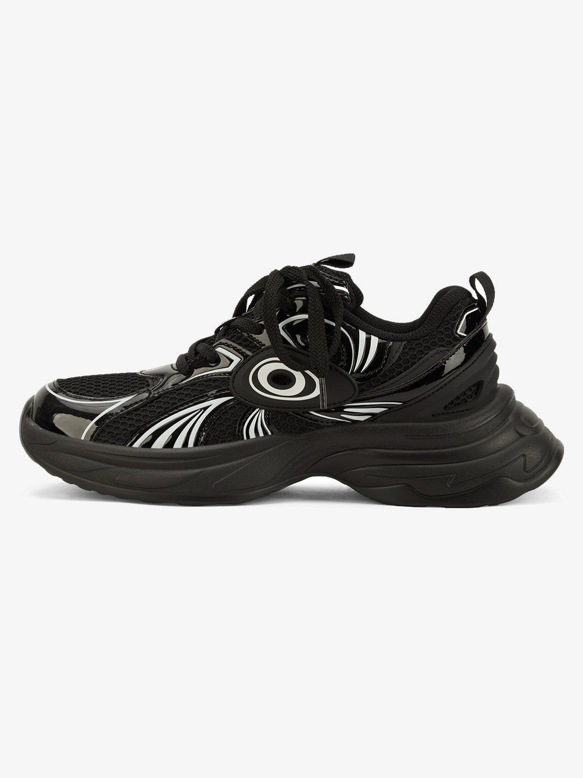 Metallic Sneakers with Chunky Sole and Swirl Graphic – Black, side view | XoKool