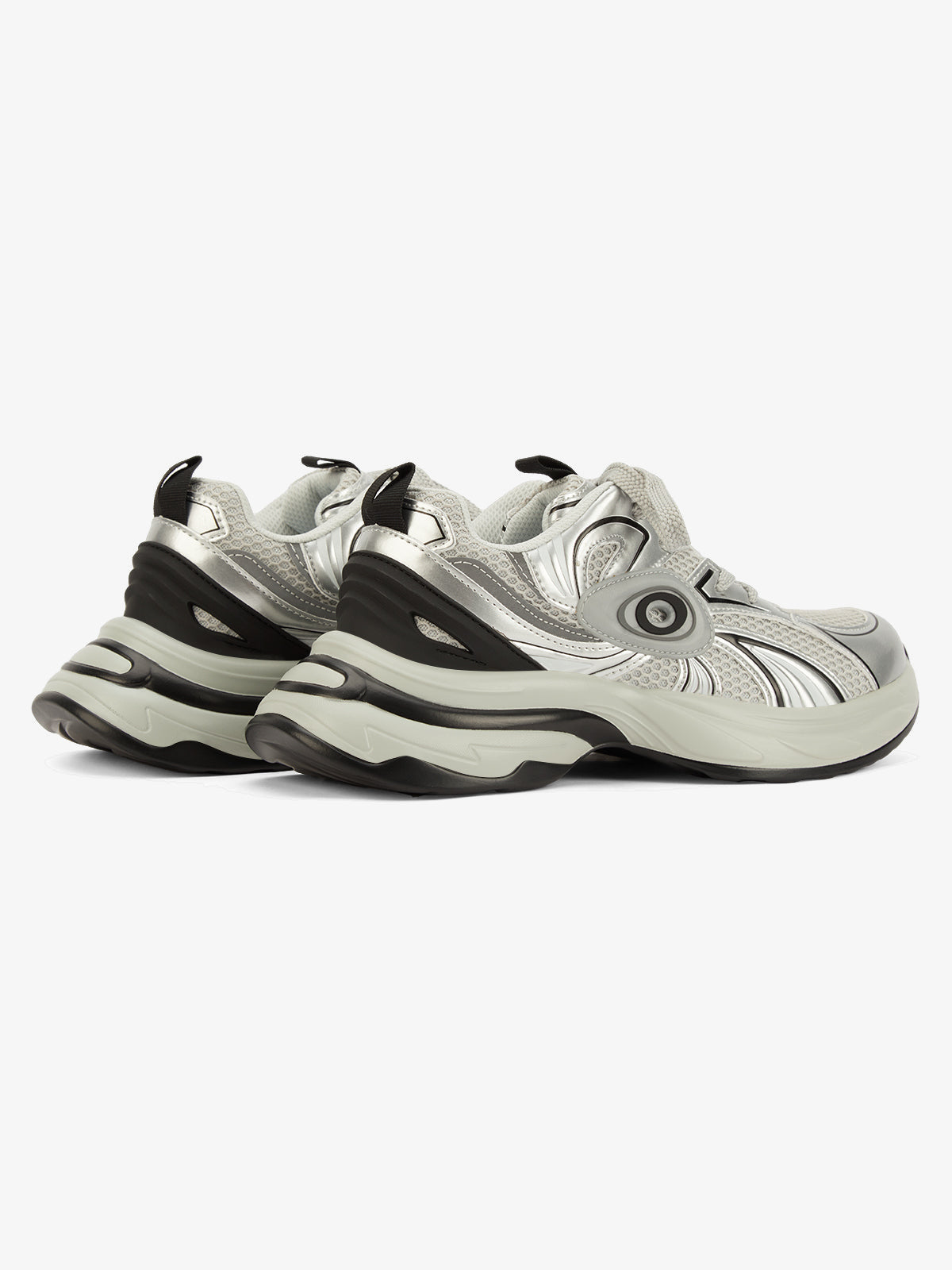 Metallic Sneakers with Chunky Sole and Swirl Graphic – Silver, pair back-side | XoKool