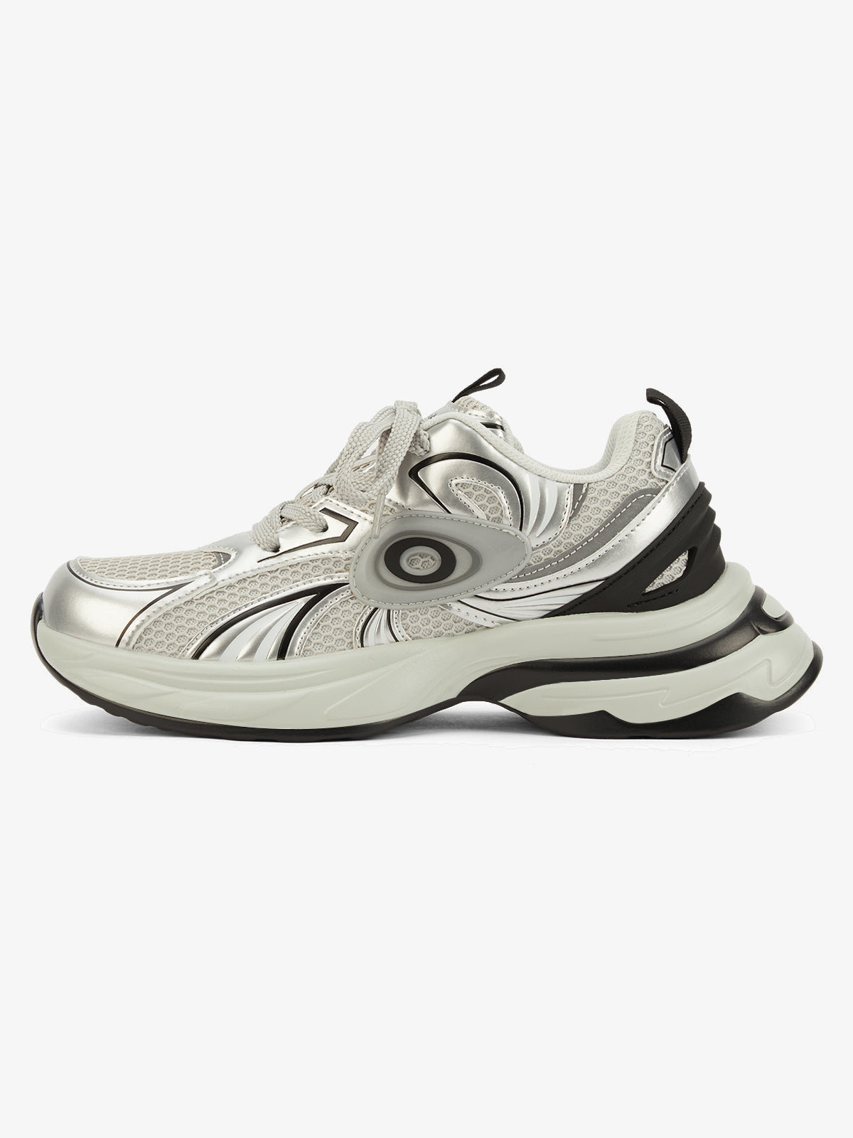 Metallic Sneakers with Chunky Sole and Swirl Graphic – Silver, side view | XoKool