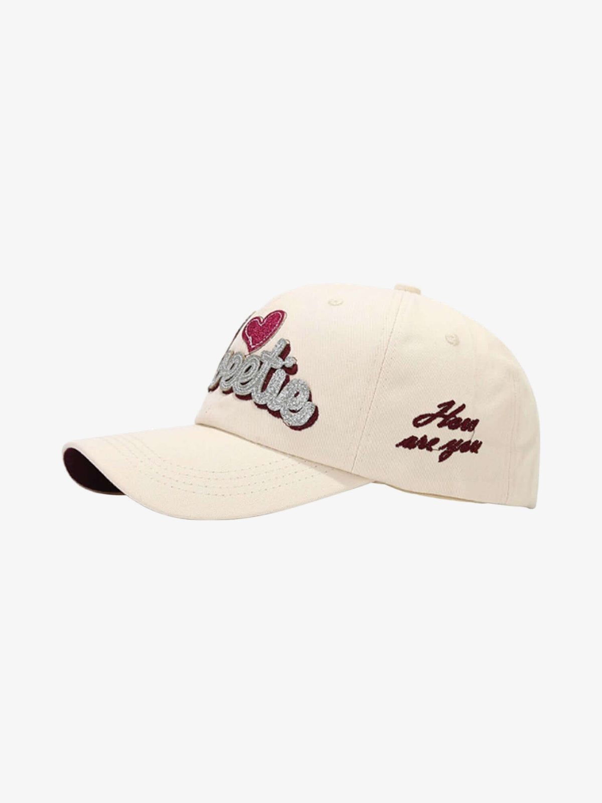 Heart Embroidered Baseball Cap with Script Lettering – Cream, side view | XoKool