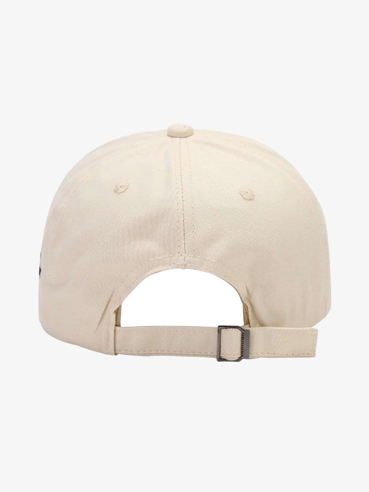 Heart Embroidered Baseball Cap with Script Lettering – Cream, back view with strap | XoKool
