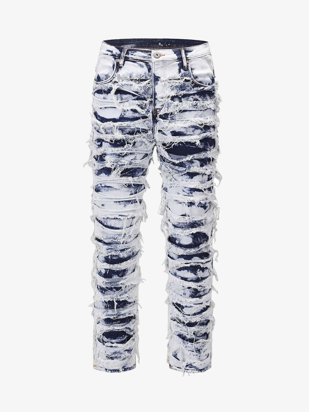 Frayed Bleach Wash Stacked Jeans – Blue, front flat | XoKool