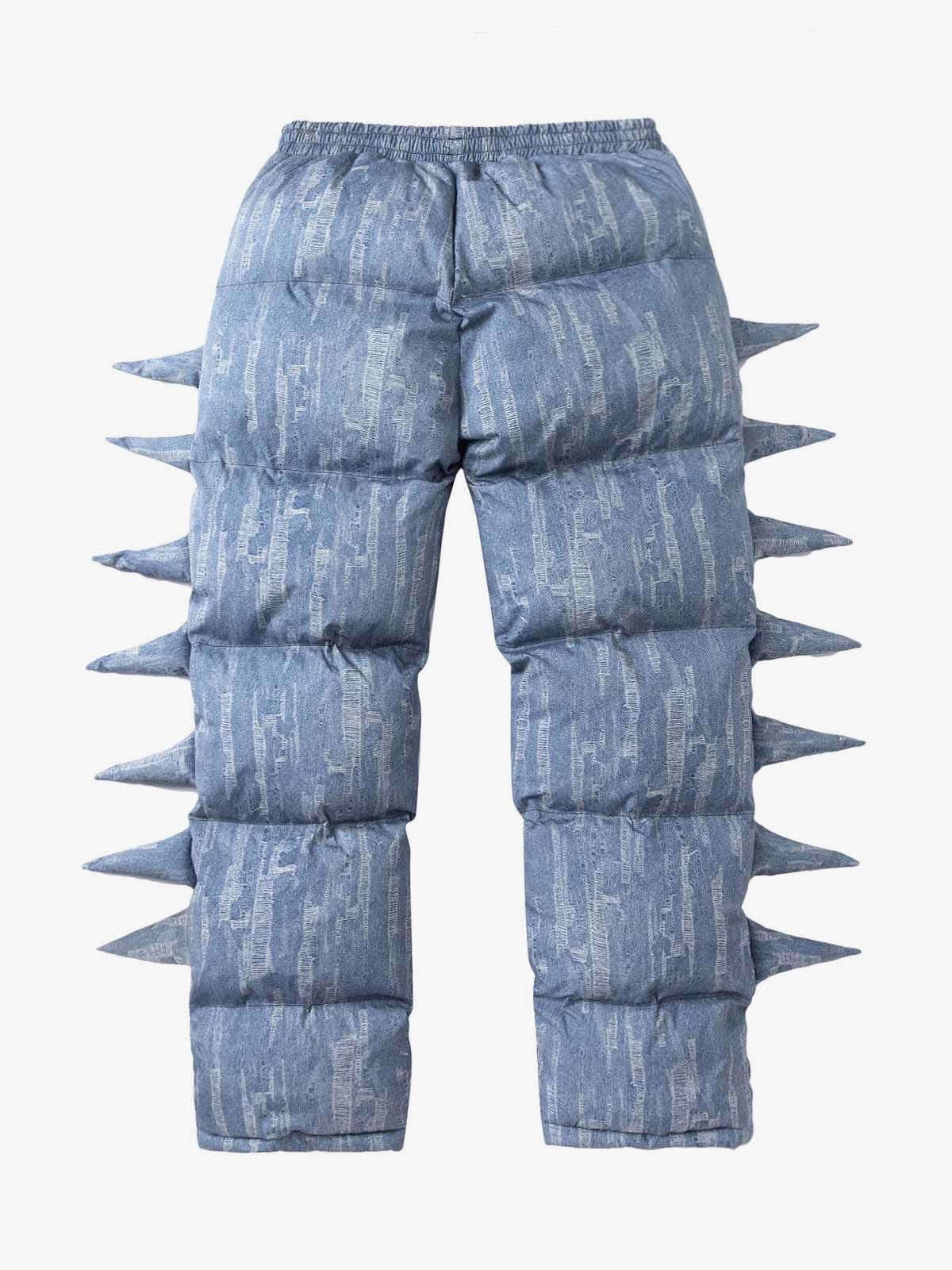 Denim Print Puffer Pants with Spike Details – Blue, front view flat | XoKool