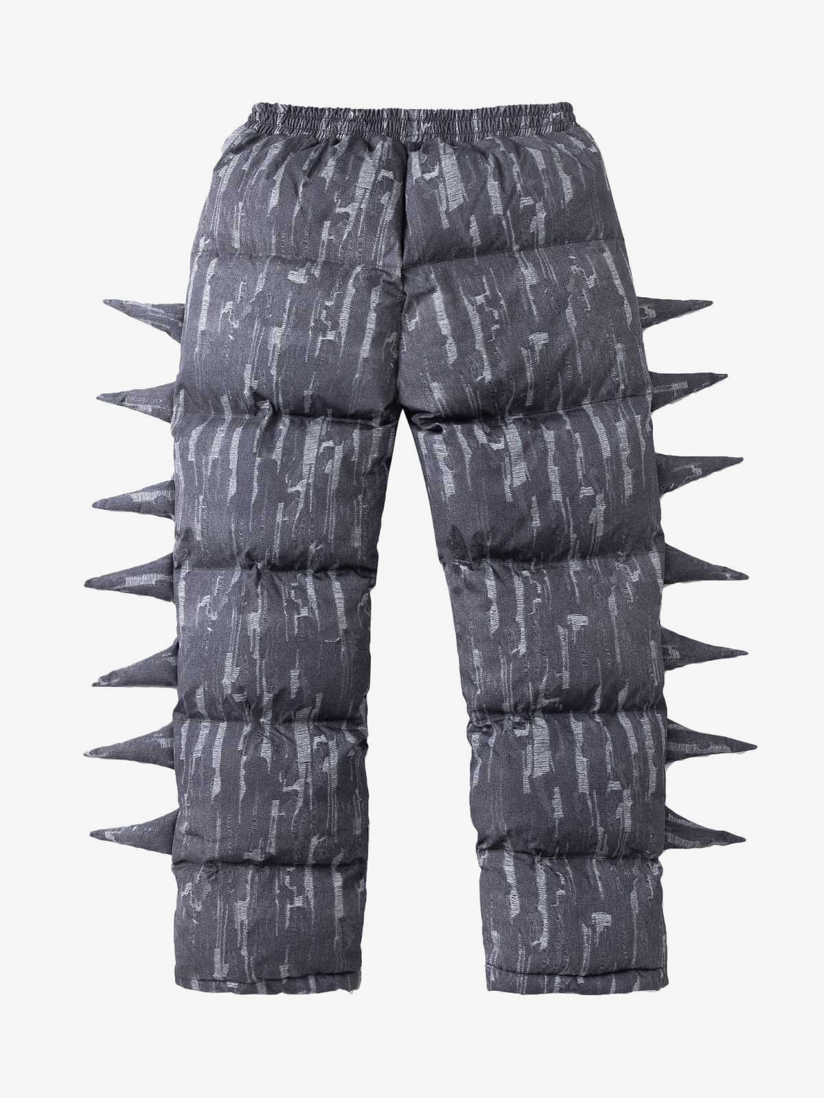 Denim Print Puffer Pants with Spike Details – Black, front view flat | XoKool