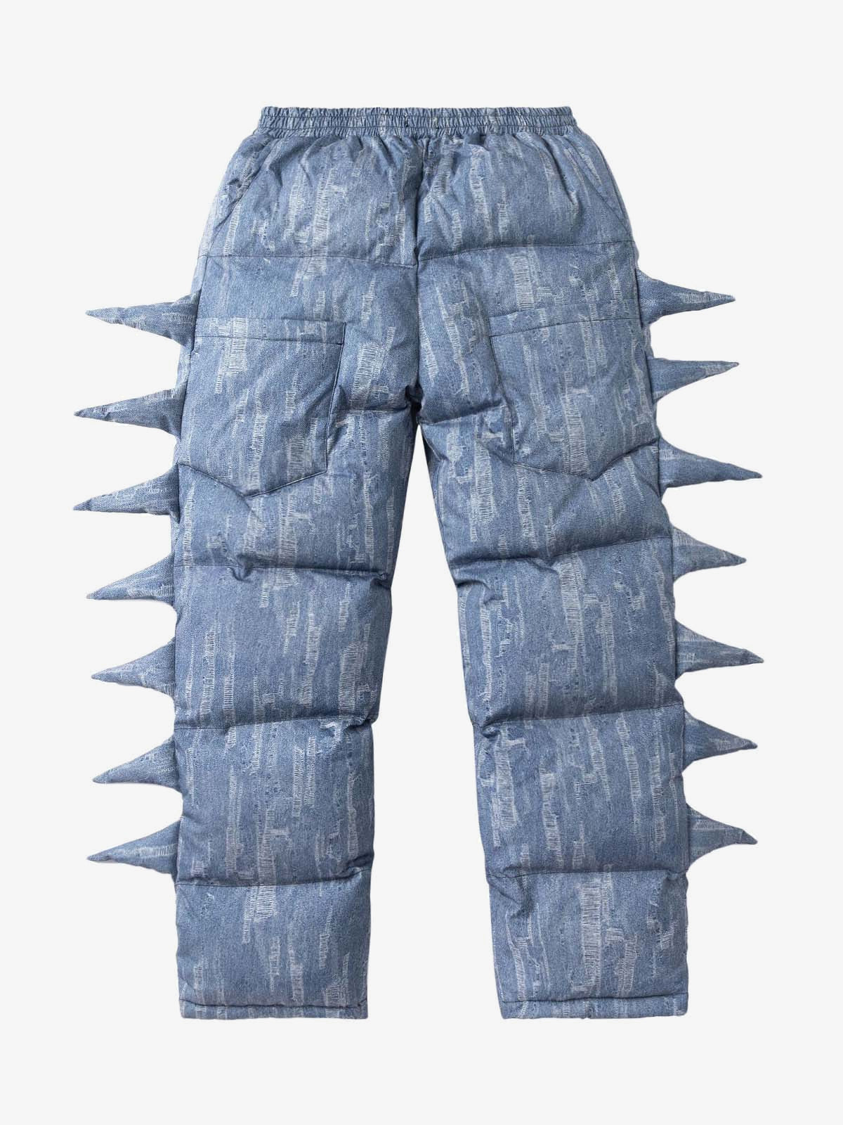 Denim Print Puffer Pants with Spike Details – Blue, back view flat | XoKool