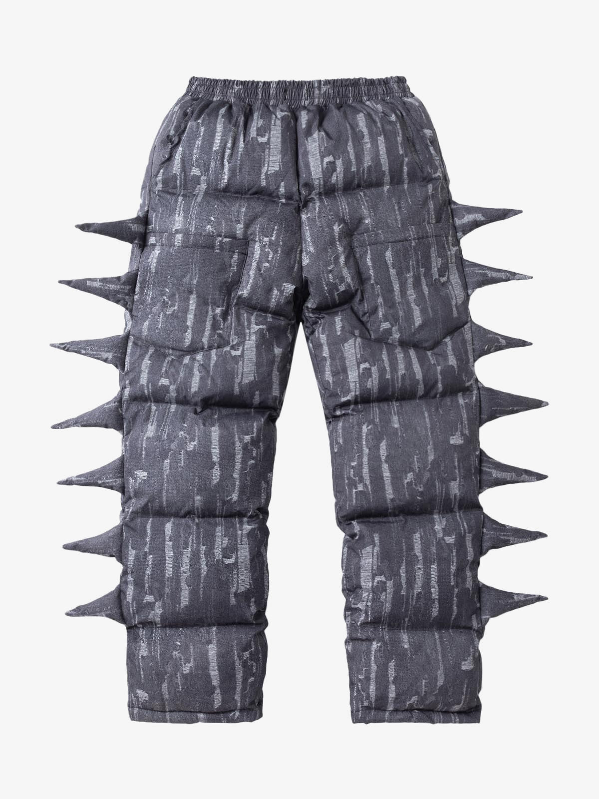 Denim Print Puffer Pants with Spike Details – Black, back view flat | XoKool