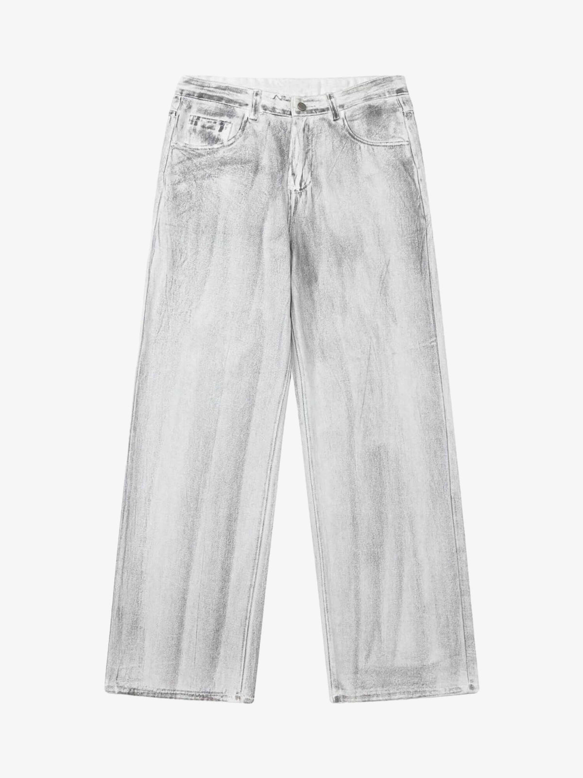 White Baggy Jeans with Grey Smudge Wash – Front flat | XoKool