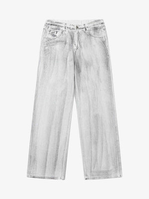 Jeans baggy blancos con efecto lavado manchado gris – vista frontal plana | XoKool