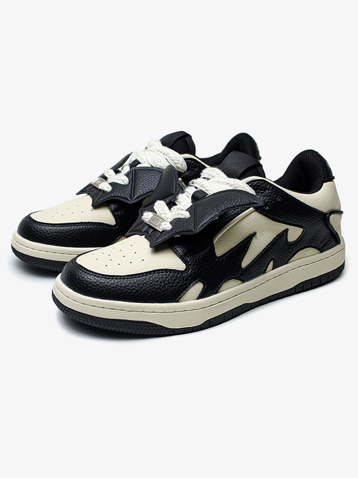 Black and Cream Goth Skate Sneakers with Bat Wings – pair, front 3/4 | XoKool