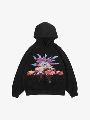 Oversized Hoodie mit Evil-Eye-Stickerei – Schwarz, Vorderansicht | XoKool