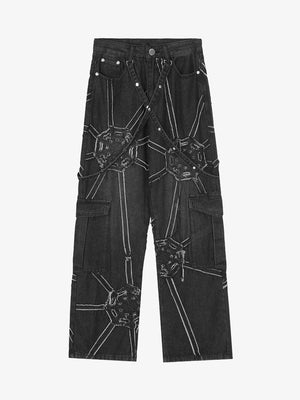 Spinnennetz Cargo Jeans in Schwarz – Schwarz, Vorderansicht flach | XoKool