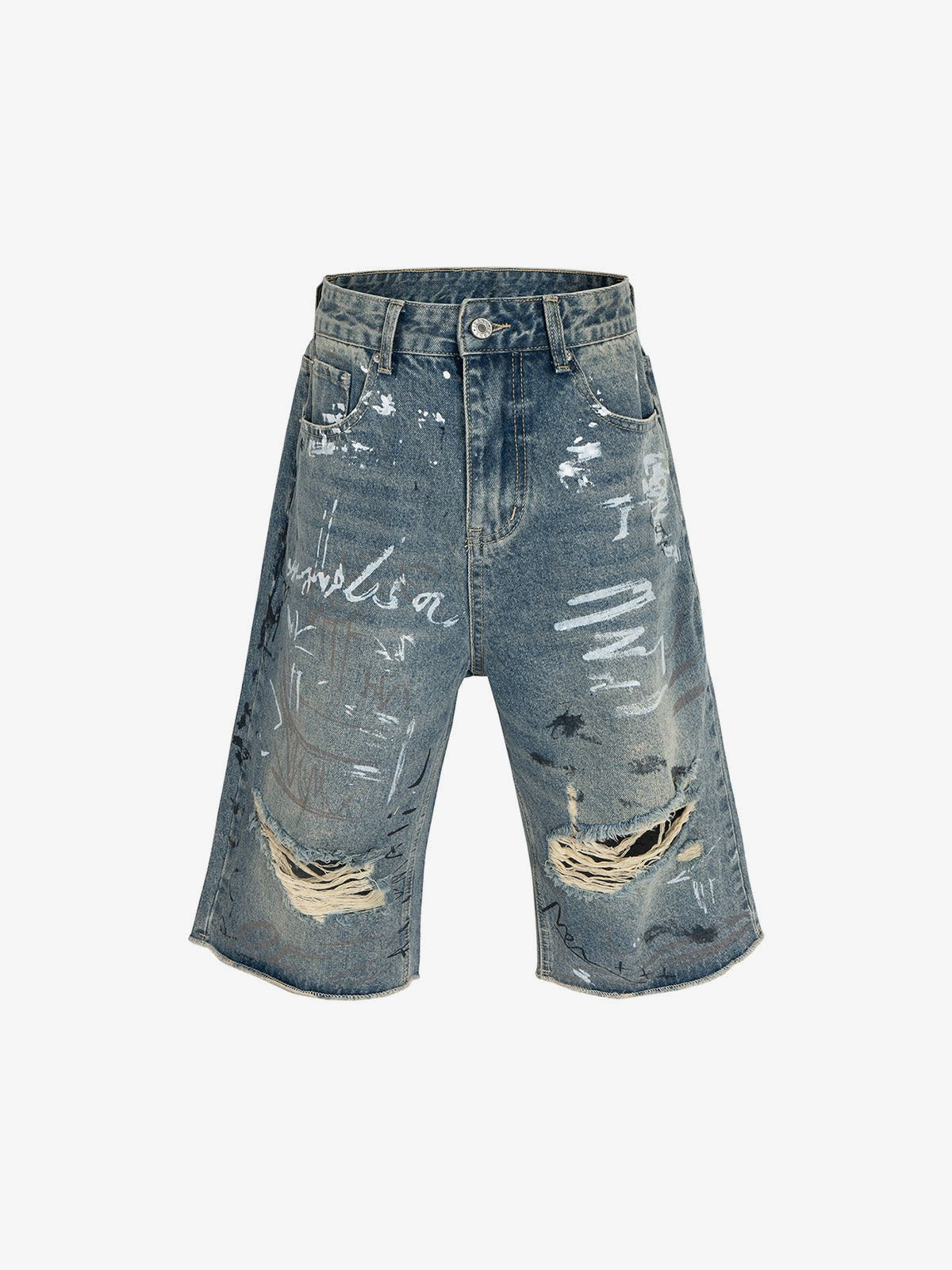 Ripped Graffiti Capri Jorts in Mid Blue – Blue, front flat | XoKool
