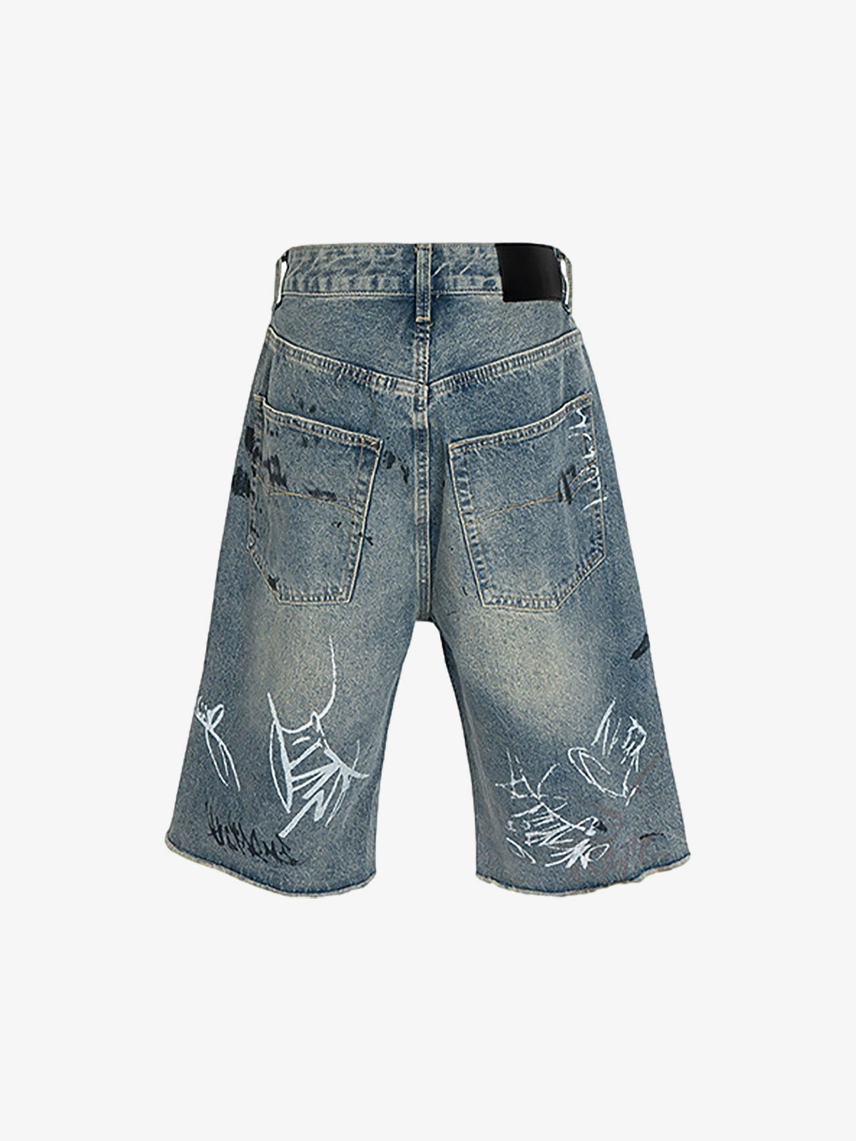 Ripped Graffiti Capri Jorts in Mid Blue – back flat, graffiti | XoKool