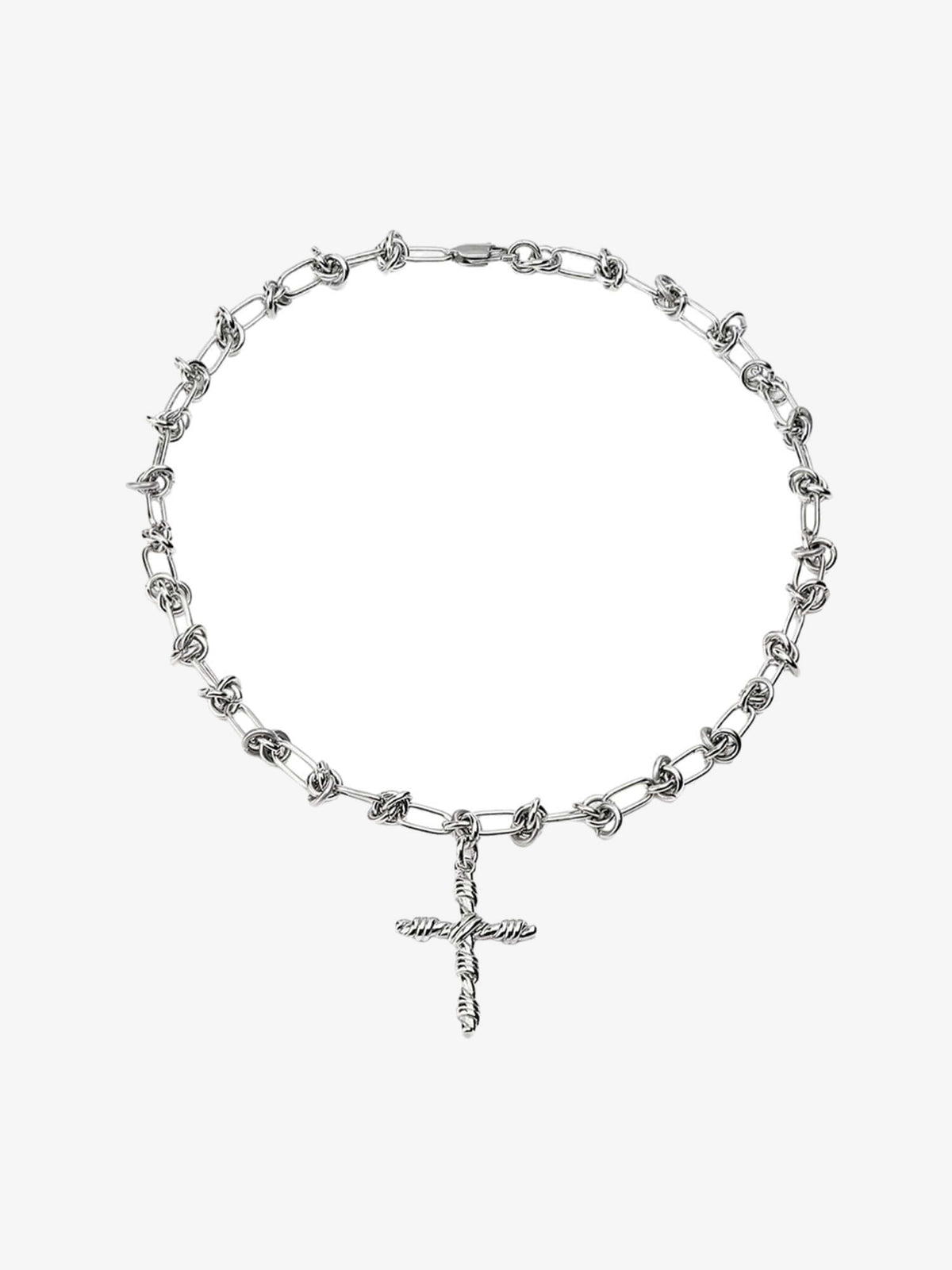 Stacheldraht-Kreuz-Halskette in Silberoptik – Kette flach, mit Kreuz | XoKool