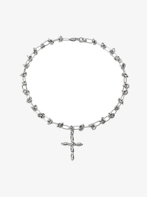 Stacheldraht-Kreuz-Halskette in Silberoptik – Kette flach, mit Kreuz | XoKool
