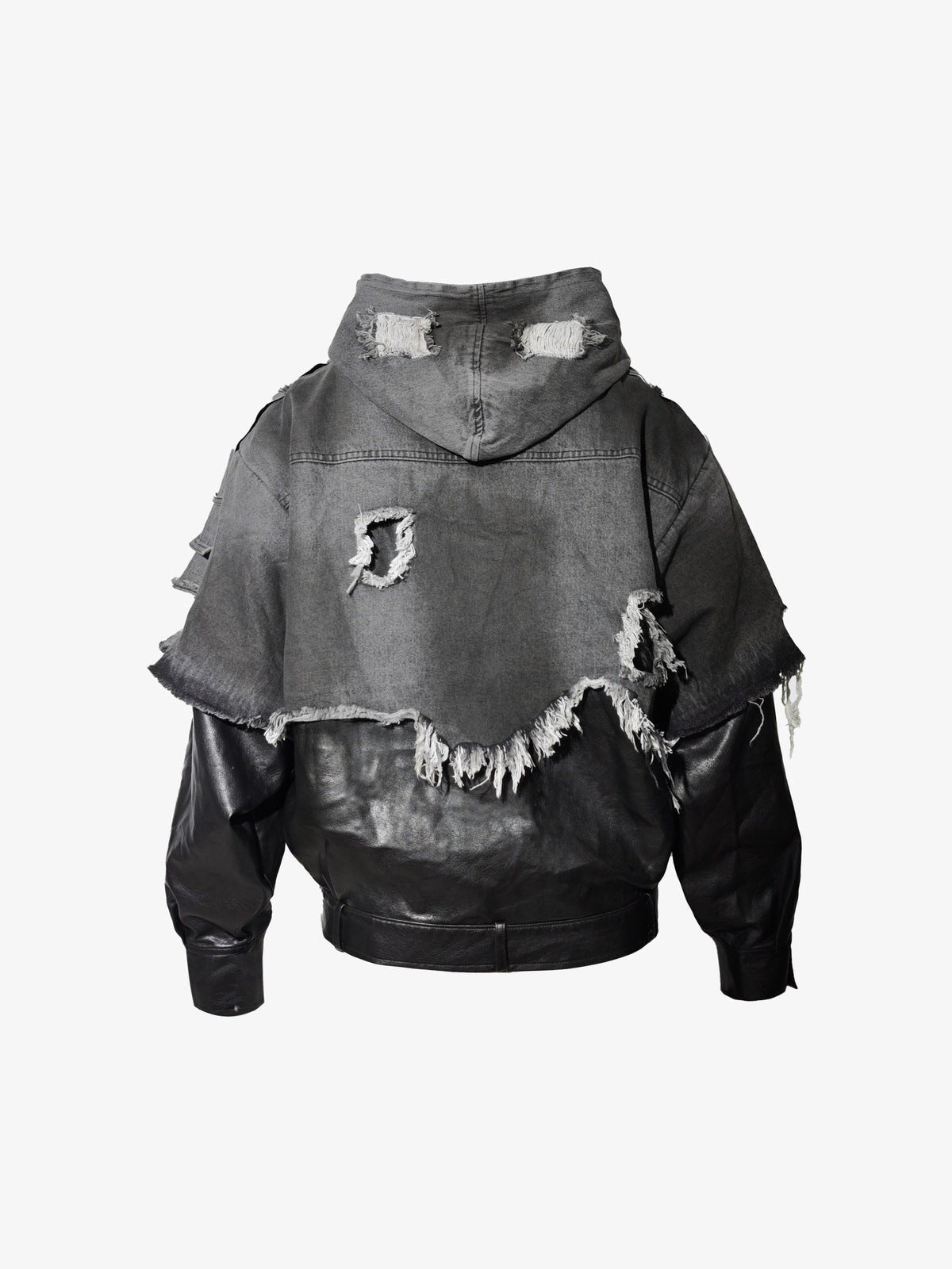 Kunstlederjacke mit Kapuze und Distressed Denim Layer – Schwarz/Grau, Rückseite | XoKool