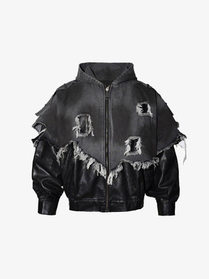 Kapuzenjacke aus Kunstleder mit Distressed Denim-Layer – Schwarz/Grau, Vorderansicht | XoKool