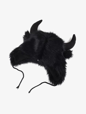 Gorro trapper de piel sintética con cuernos y orejeras – negro, vista lateral | XoKool