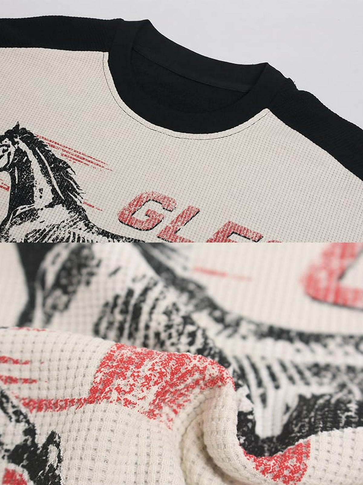 Horse Racing Long Sleeve Tee – collar and print close-up | XoKool