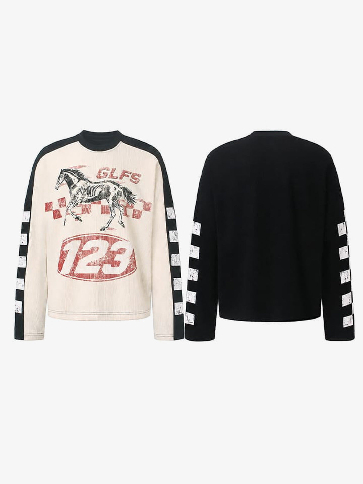 Horse Racing Long Sleeve Tee – front and back side by side | XoKool