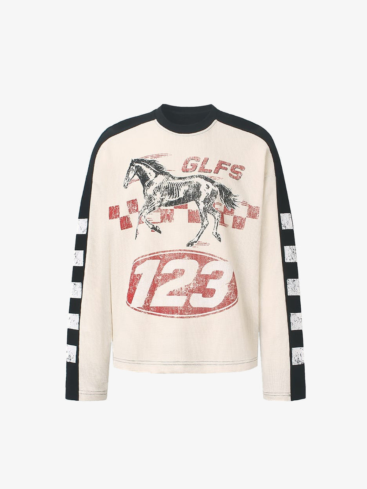 Horse Racing Long Sleeve Tee with Checkered Sleeves – front, flat | XoKool