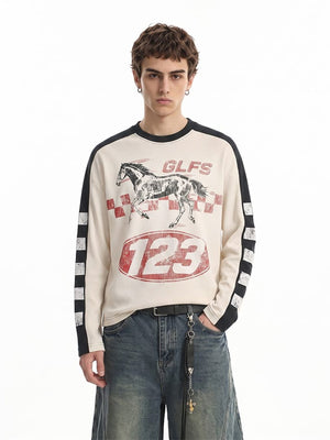 Horse Racing Long Sleeve Tee with Checkered Sleeves – on model front | XoKool