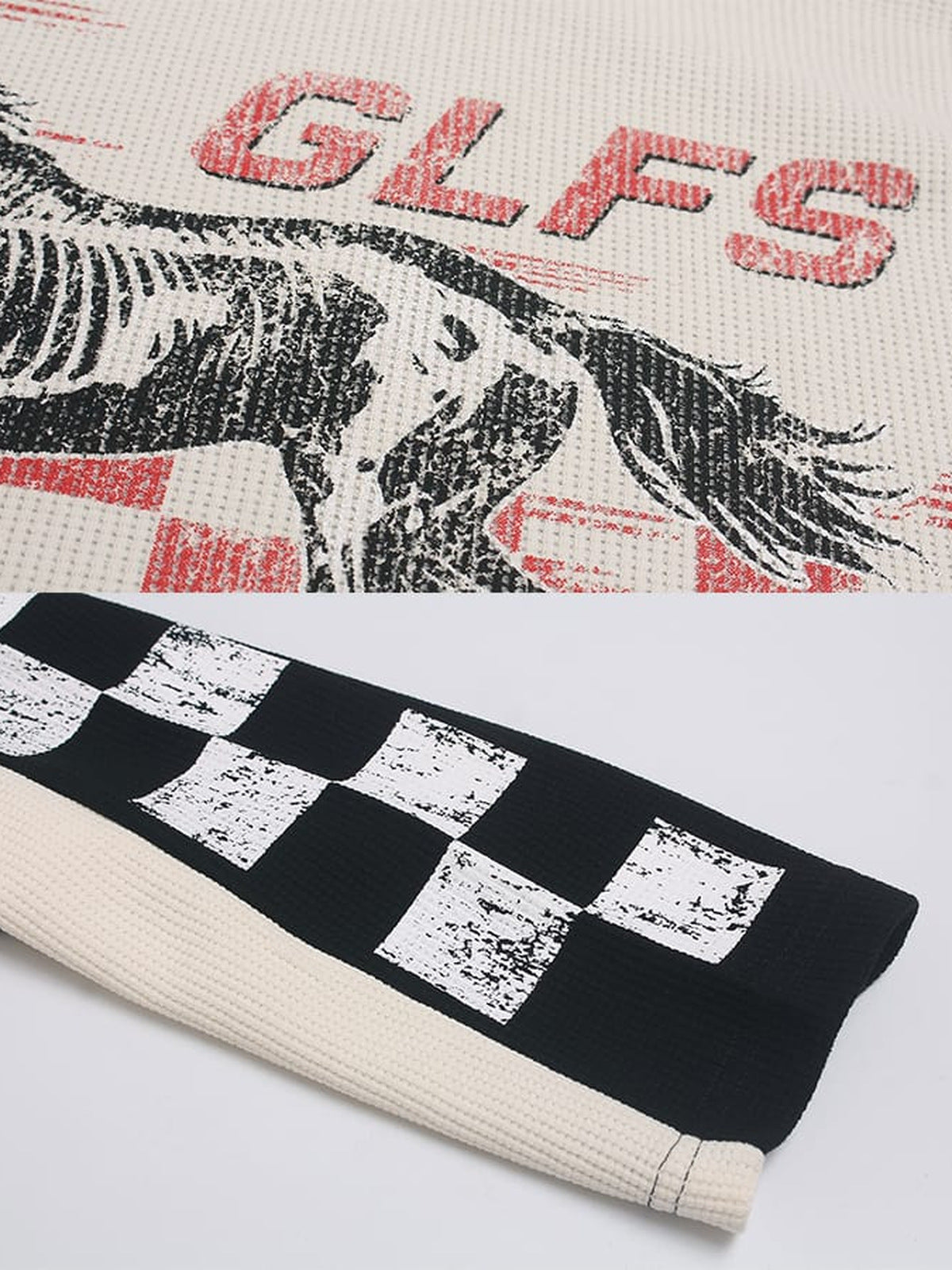 Horse Racing Long Sleeve Tee – print and checkered sleeve close-up | XoKool