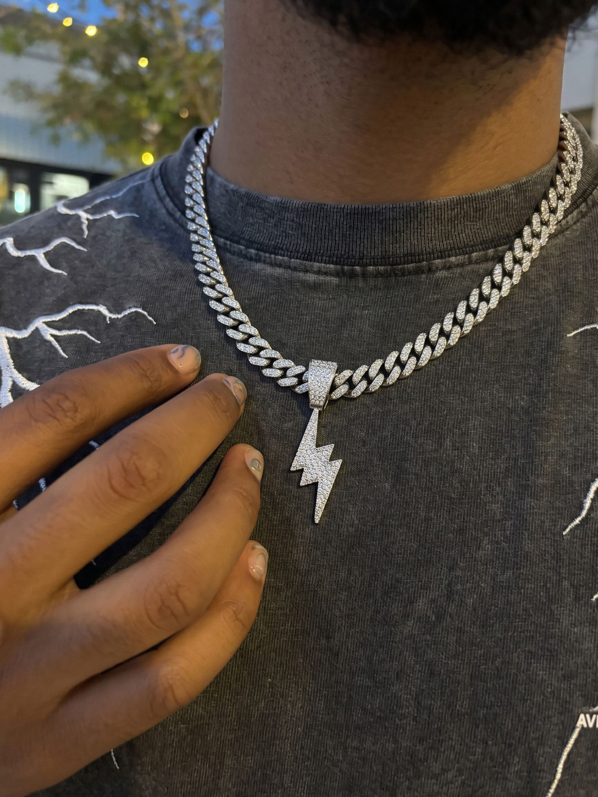 Iced Cuban Chain with Lightning Bolt Pendant – on model, silver, close | XoKool